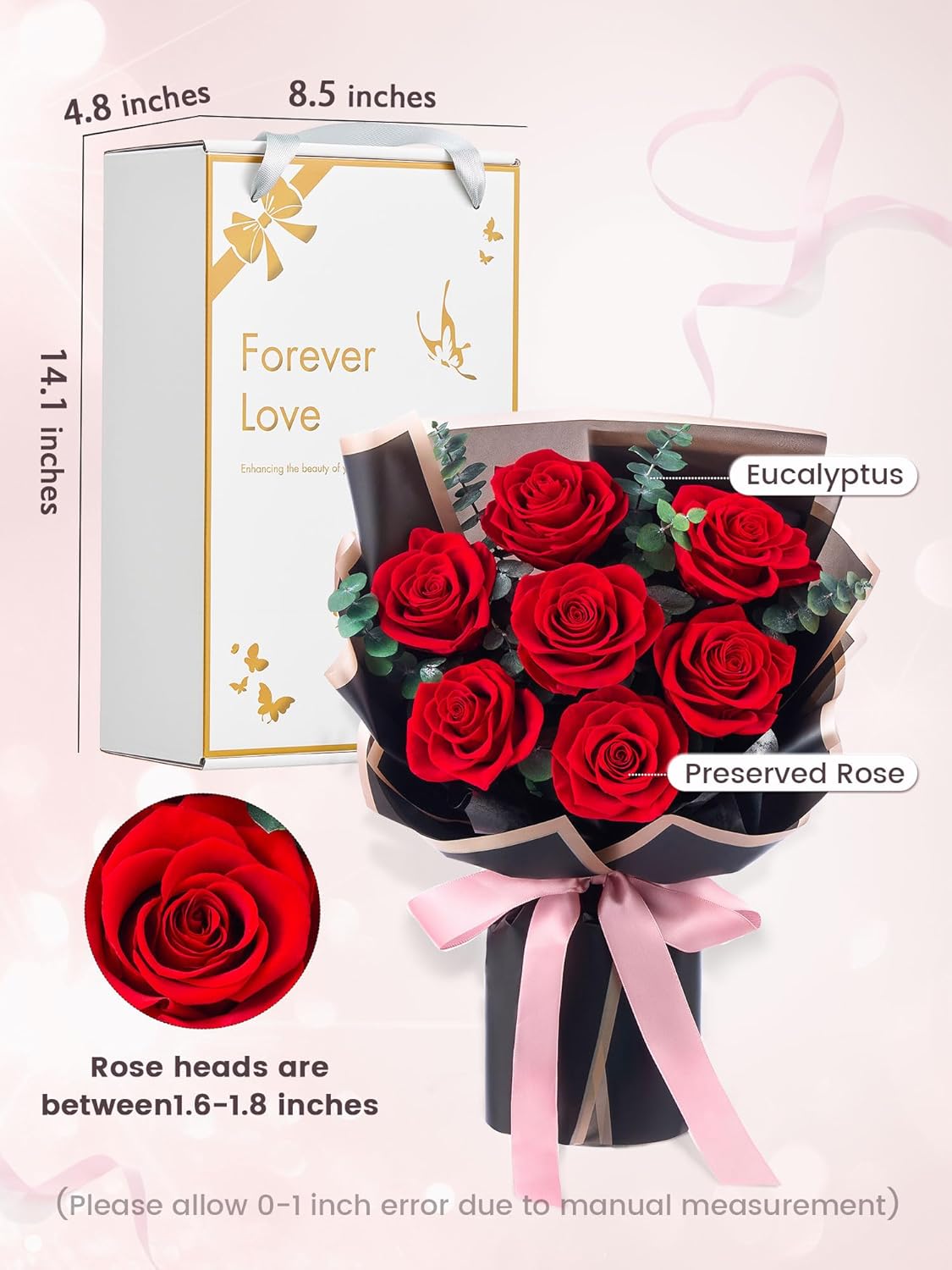 Flower Bouquet Flowers for Delivery Prime 7-Piece Preserved Roses Bouquet Gift for Women Mother Wife Mother Day Wedding Anniversary Birthday (Red Roses) - Image 2