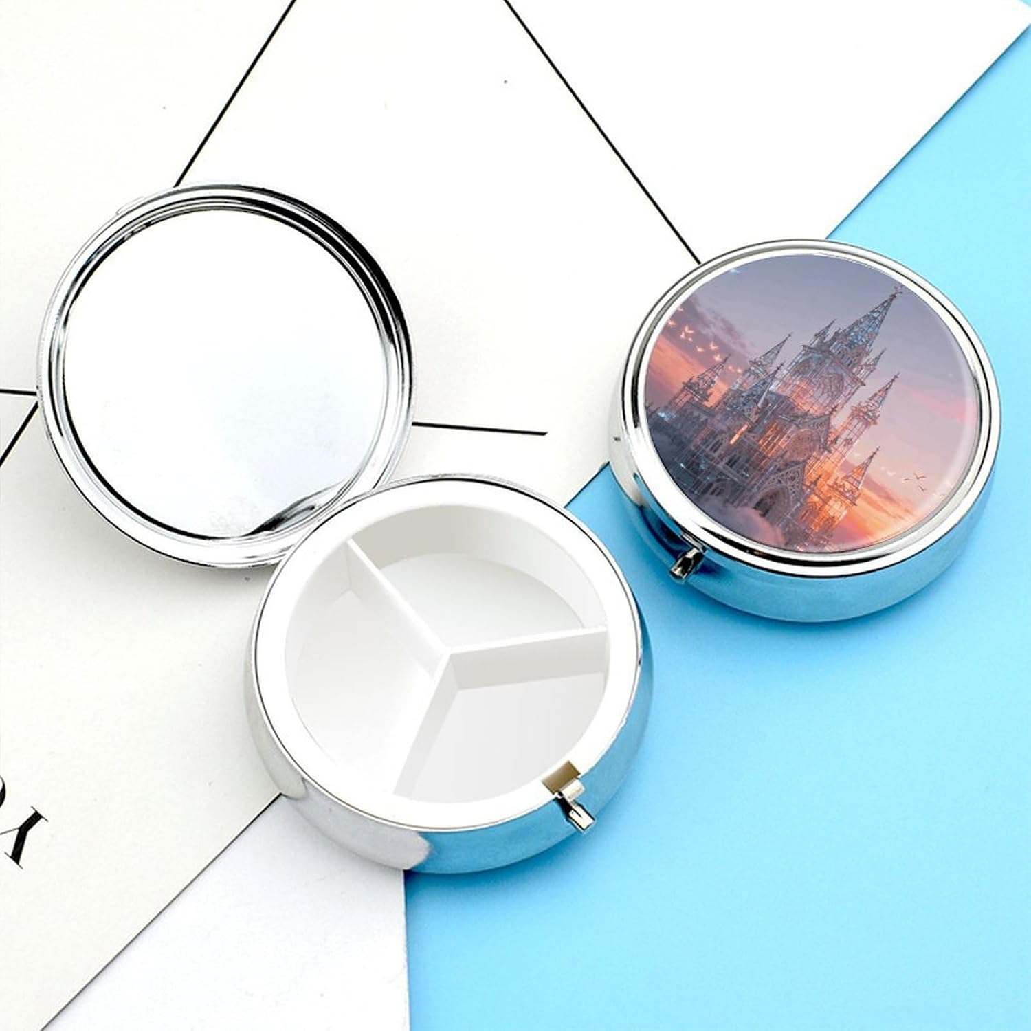 Crystal Castle Round Pill Box with 3 Compartments & Mirror image 3