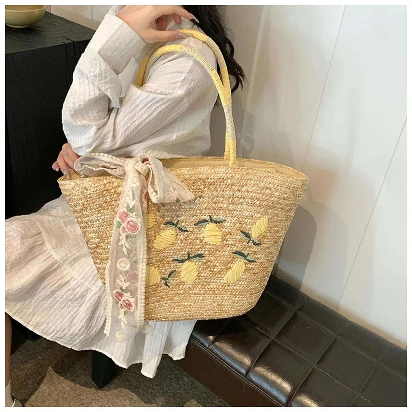 Borsa Paglia Sacca da Donna Estiva Grande Borsa Ricamata A Paglia con Borsetta da Donna in Prua in Pizzo-Beige