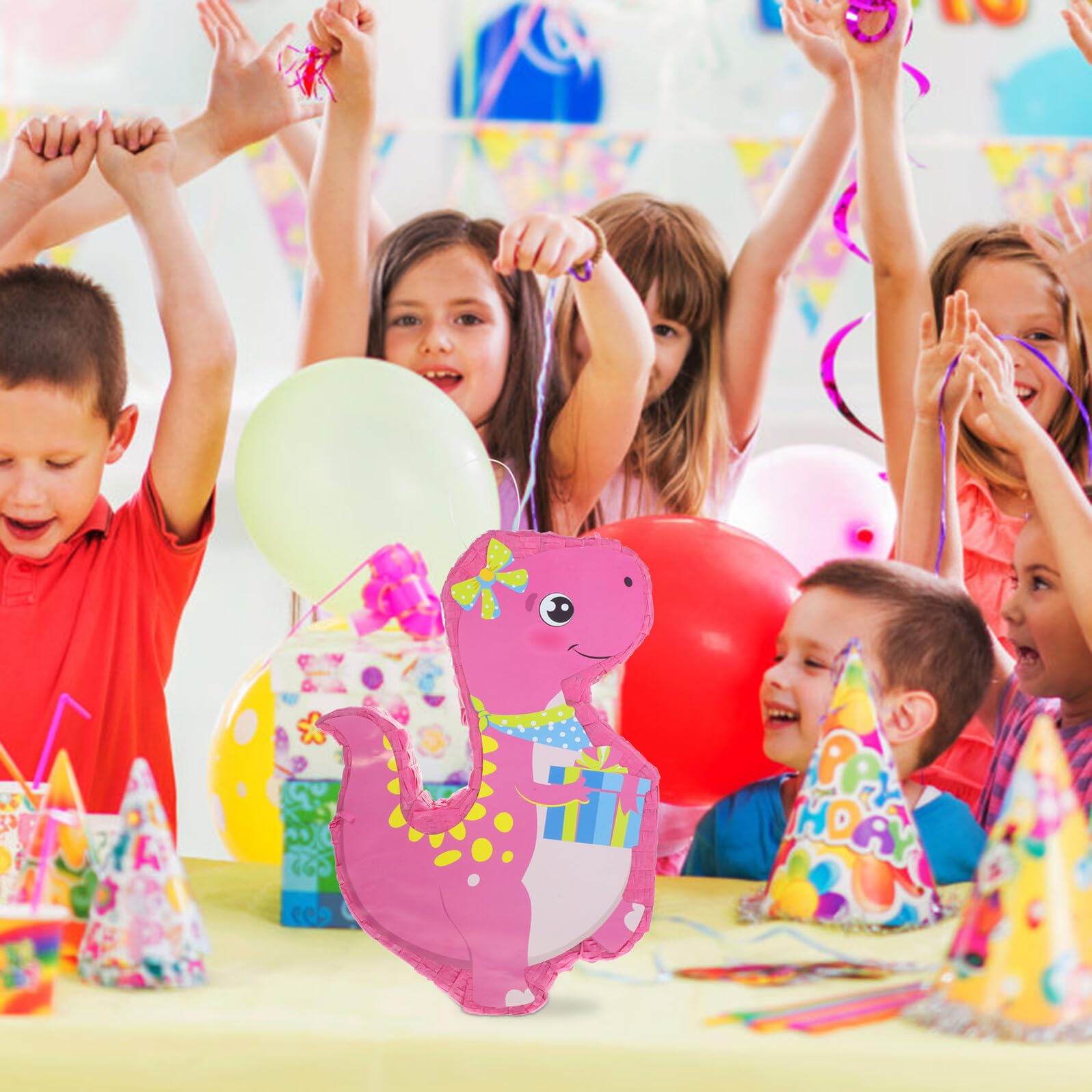 Rosa Dinosaurier Piñata aus Papier für Kindergeburtstag