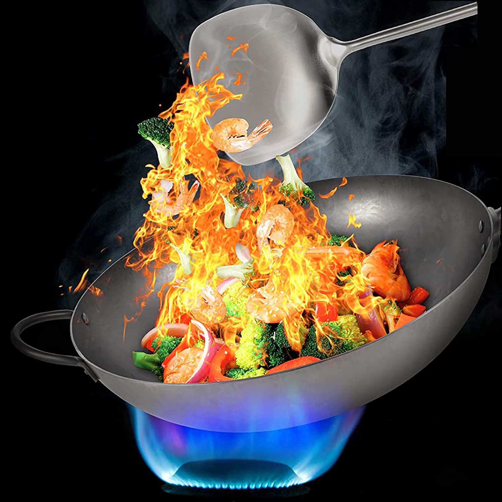 Wok, wok fatto a mano in acciaio al carbonio, 30/32/34 cm Ø fondo tondo in acciaio al carbonio per fornello a gas, spessore 1,5 mm, con manico in legno e acciaio,30CM