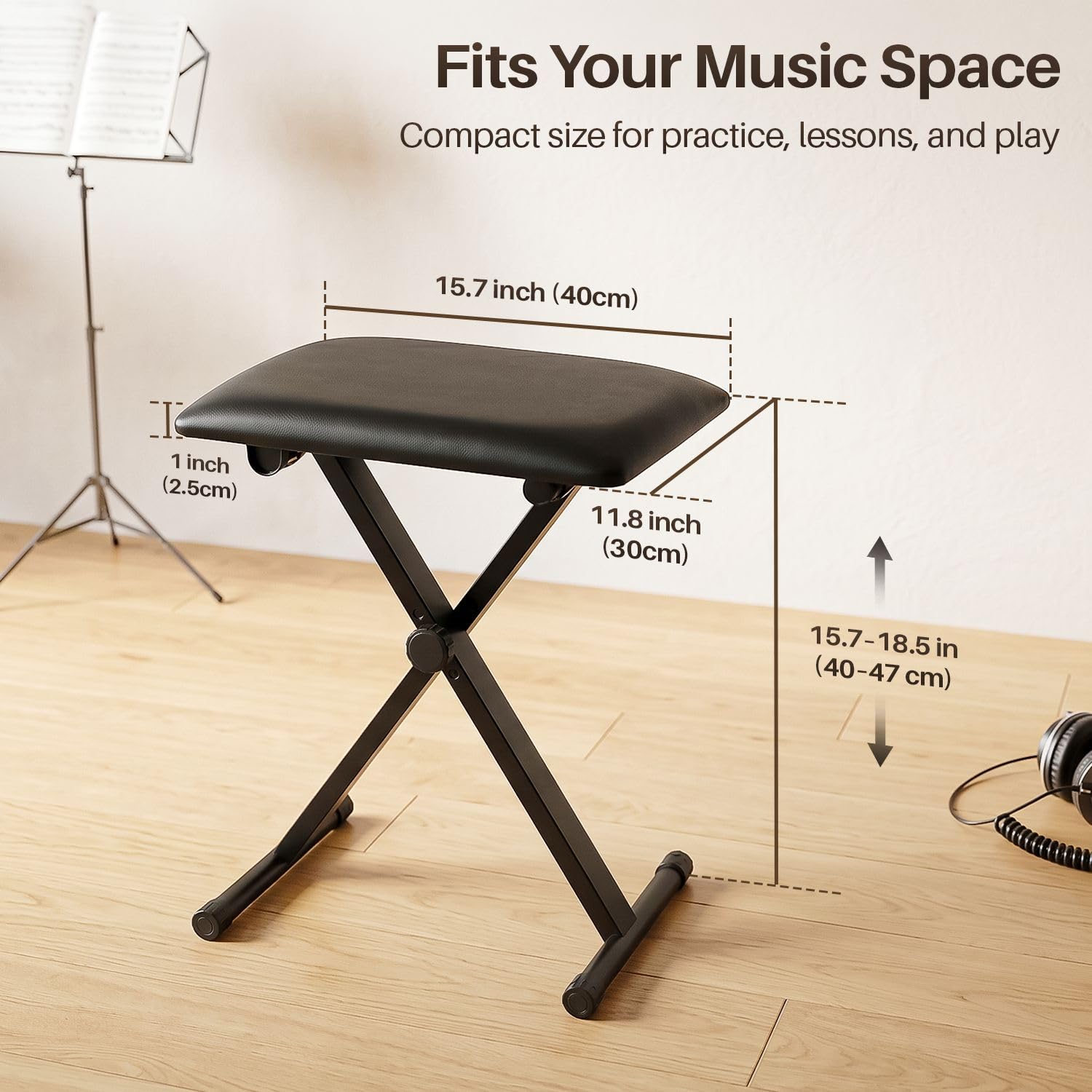 Flexzion Keyboard Hocker, Klavierhocker, klappbarer Klavierstuhl mit rutschfesten Gummifüßen, Klavierbank höhenverstellbar mit gepolstertem Sitz, Hocker und Bänke, für Kinder und Erwachsene, schwarz