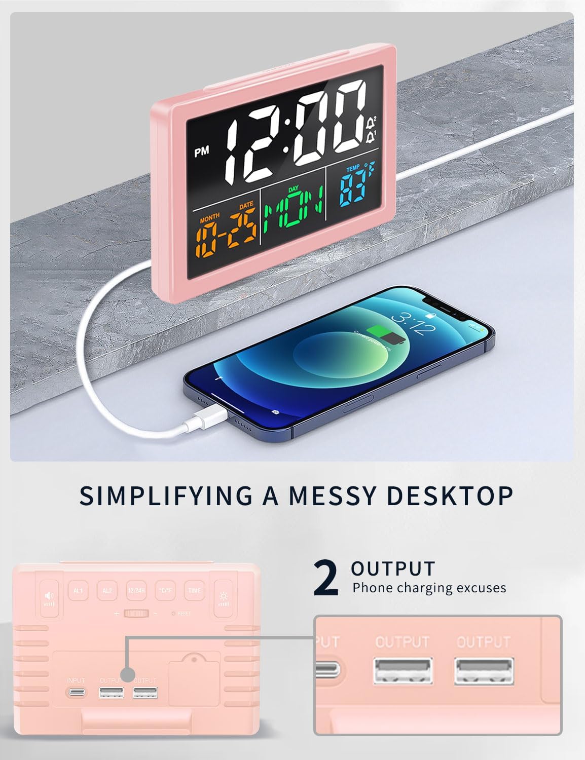 JALL Digital Alarm Clock with a smartphone connected to its USB charging port