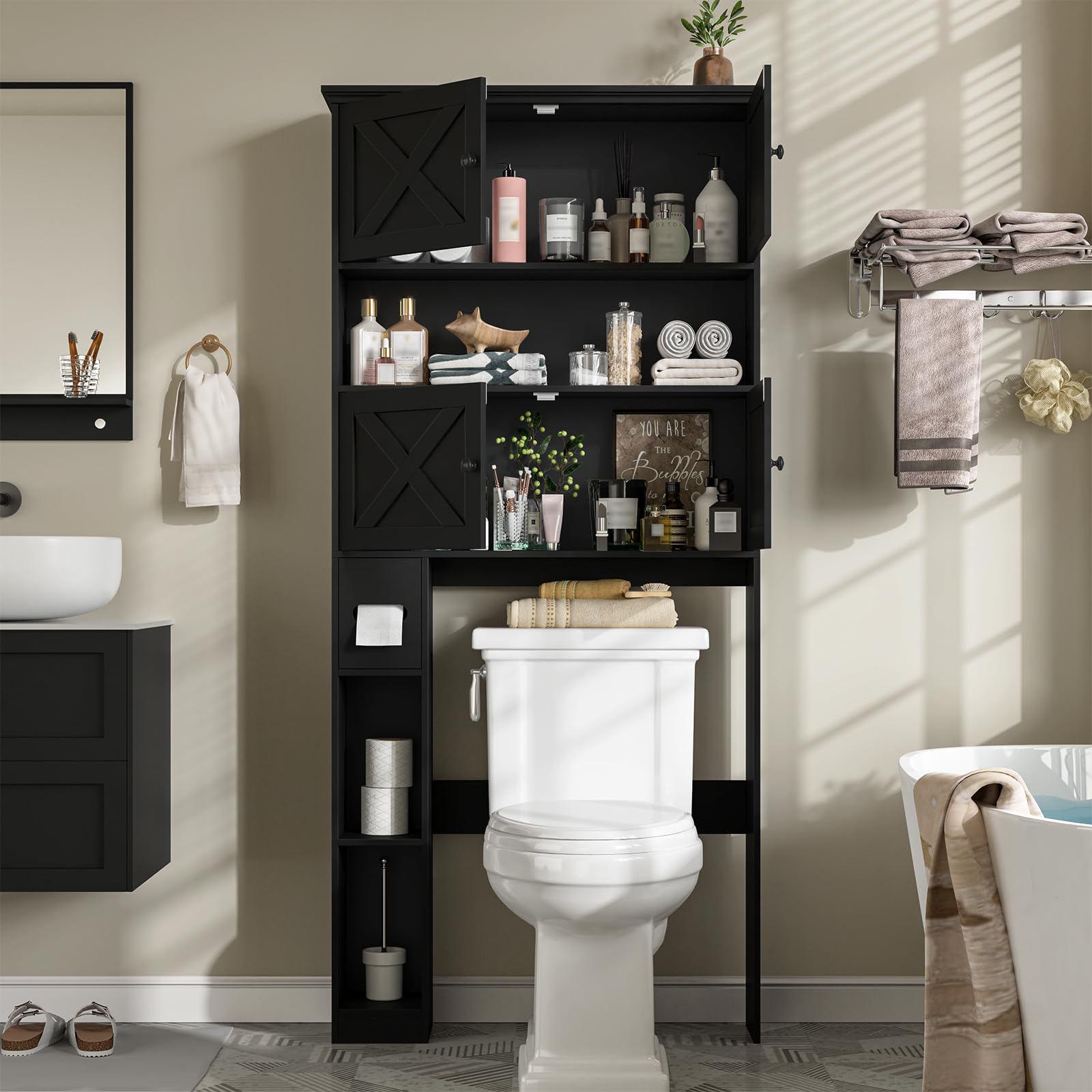 BonVache Waschmaschinenschrank Schwarz mit Türen, Waschmaschinenregal Überbau, Toilettenschrank & WC Regal, Stabiler Schrank über Waschmaschine, platzsparender Überbauschrank für Bad & Waschraum