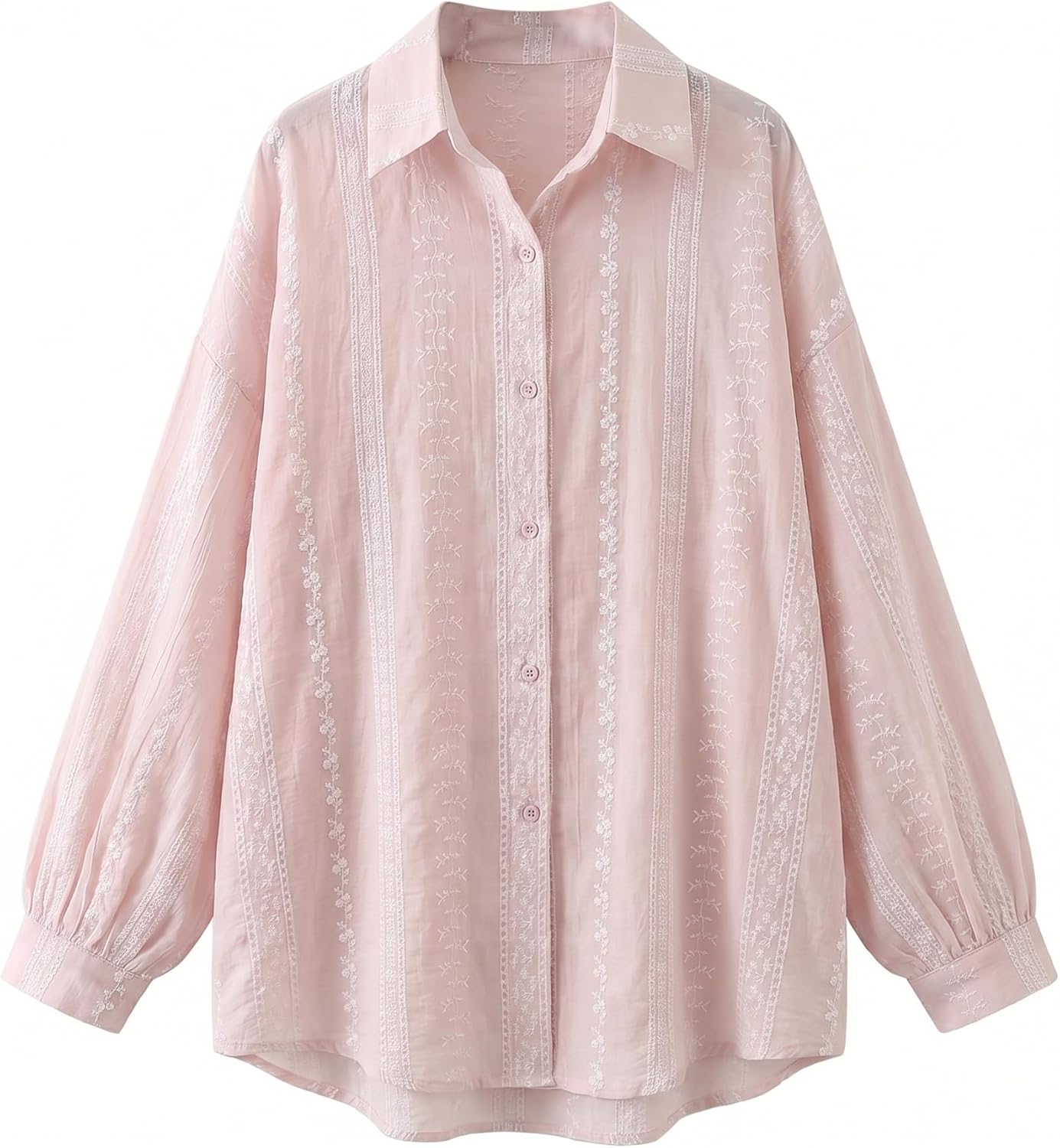 Womens Pink Lace Floral Embroidered Lantern Long Sleeve Button Down Shirts, Casual One Size Oversized Blouses Comfy Cotton Flowy Lightweight Tops for Summer Spring