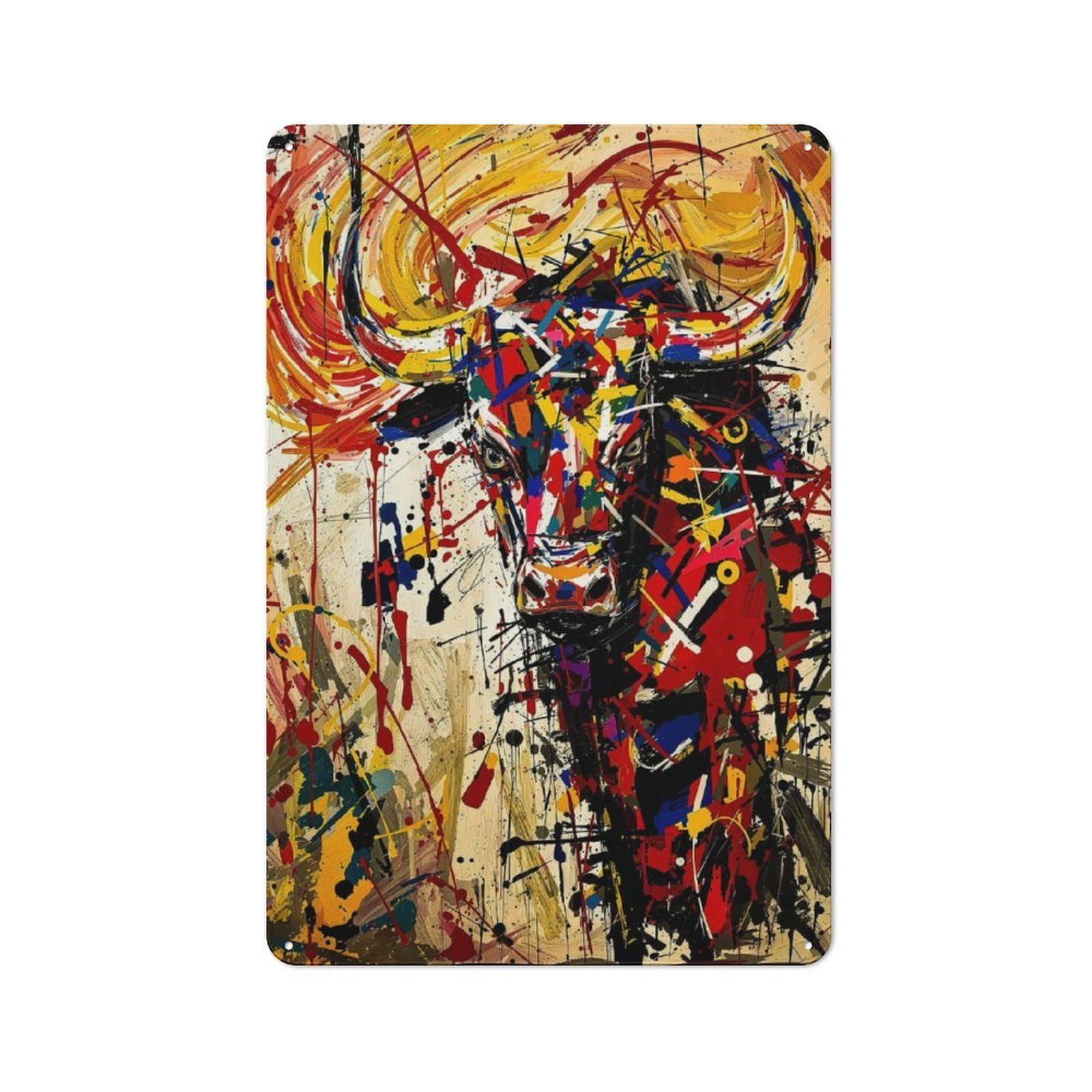 Junmoney Abstract Bull Painting Retro Metal Wall Decor 30X20cm, Tin Wall Sign For Bakery, Diner, Cafe Or Family Room