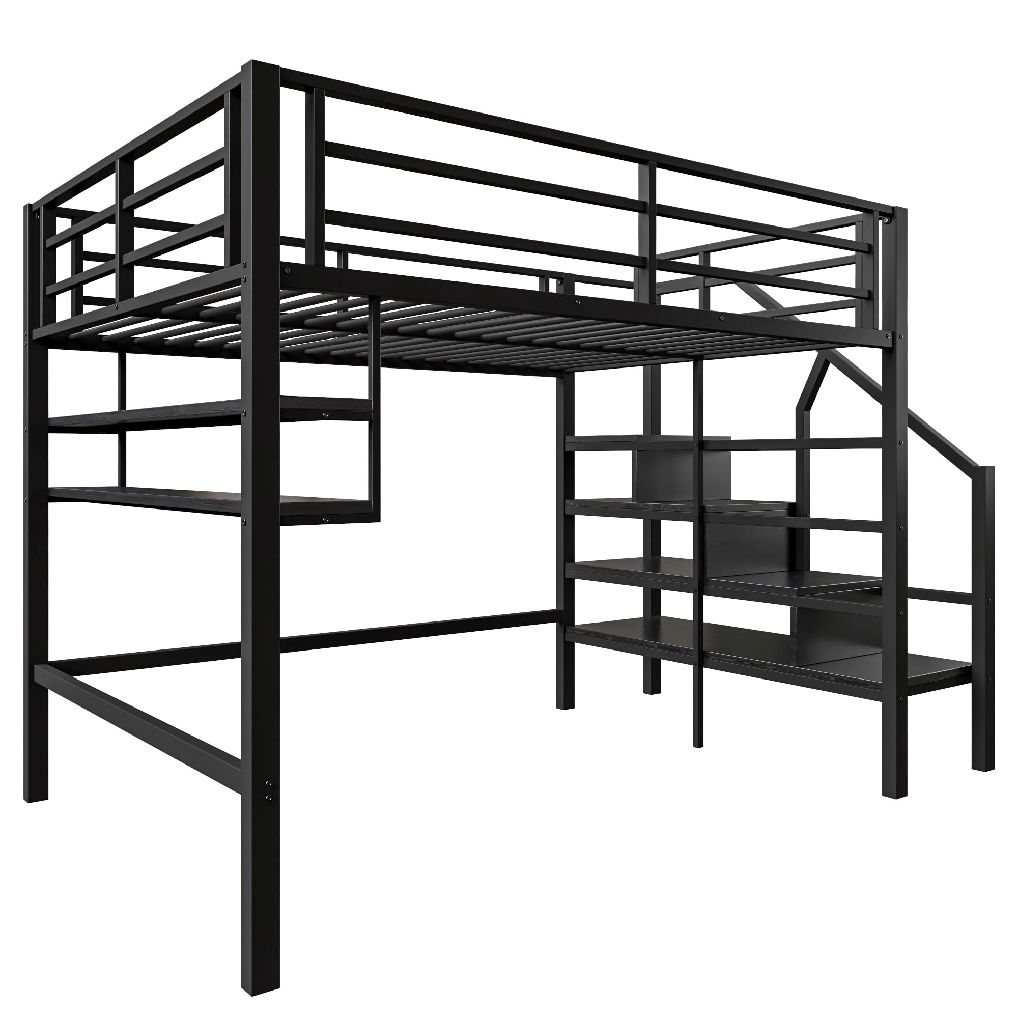 SACOOL Letto a soppalco, 140 x 200 cm, ripiano per riporre spazio sotto il letto, per il rivestimento, ringhiera senza materasso, colore nero