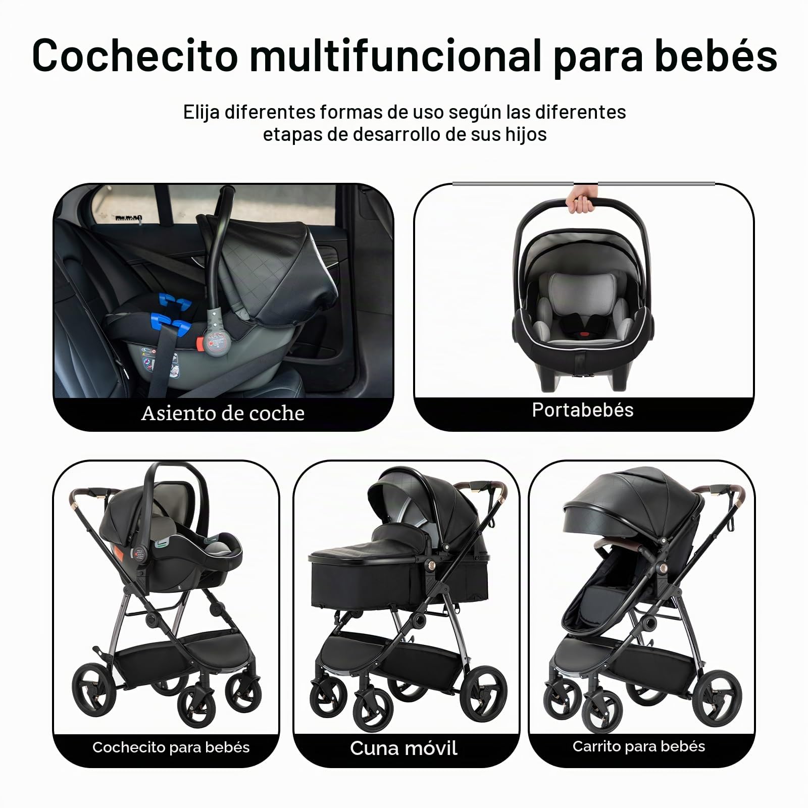 Cueros Cochecito Combinado 3 en 1, Cochecitos Citadines con asiento de coche ECE R129, cochecito portátil plegable con un clic, capazo flexible convertible marco de aluminio para recién