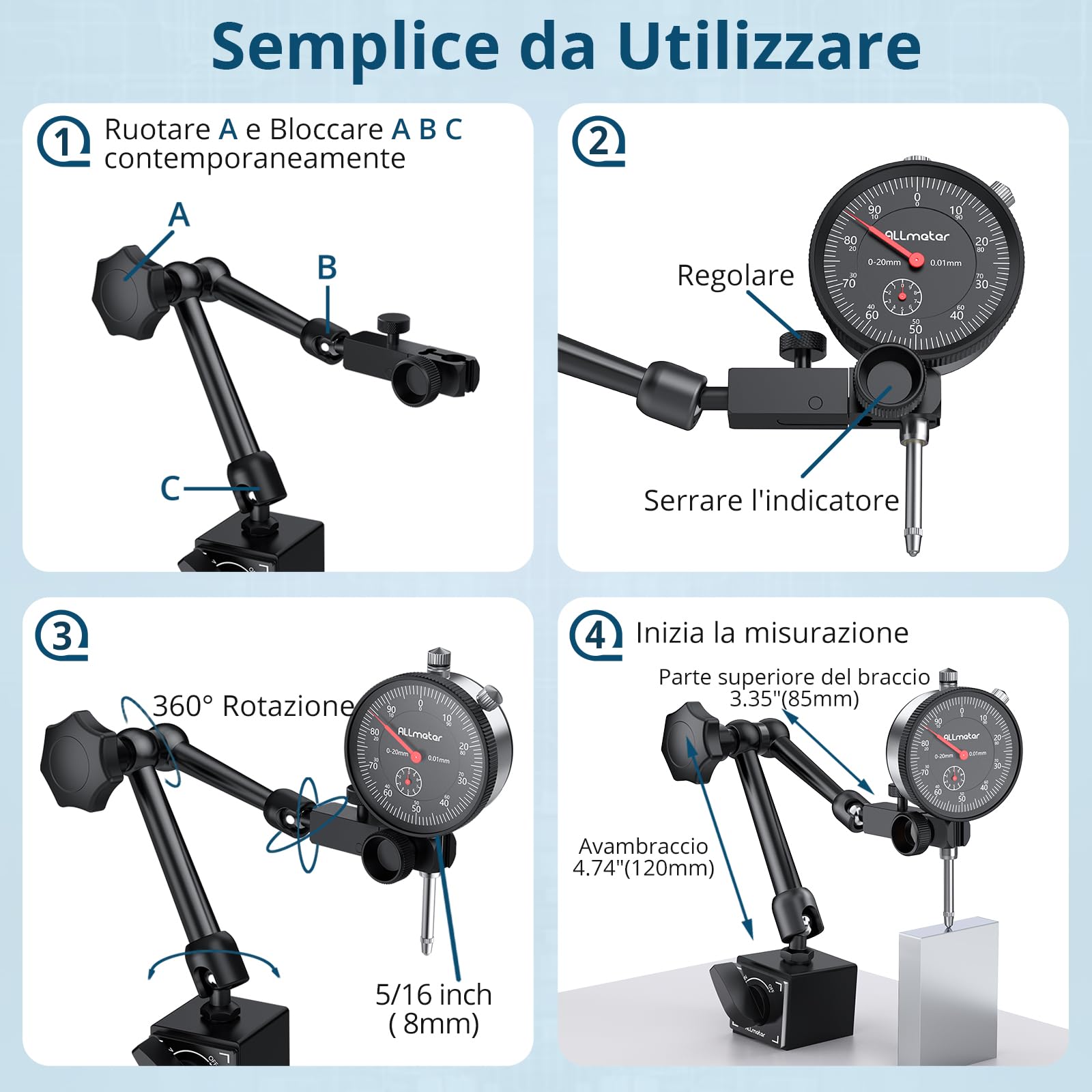 Comparatore Centesimale 0-20mm con Base Magnetica 60kg, Indicatore Meccanico di Precisione 0.01mm, Supporto Regolabile a 3 Snodi per Tornio Fresatrice Allineamento Misure Officina Meccanica