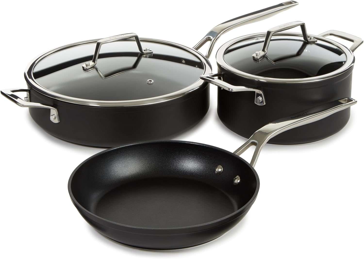 BergHOFF Essentials 5Pc Non-stick Hard Anodized Cookware Starter Set, Glass lid, FernoGreen Non-toxic Nonstick Coating, Stainless Steel Handle, Induction Pots and Pans, Black