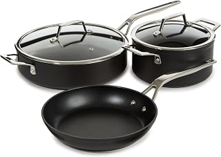 Essentials 5Pc Non-stick Hard Anodized Cookware Starter Set, Glass lid, FernoGreen Non-toxic Nonstick Coating, Stainless Steel Handle, Induction Pots and Pans, Black