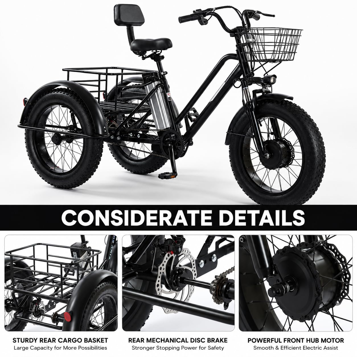Vélo Cargo Électrique, Tricycle électrique 3 Roues pour Adultes, Pneus Larges 20'', Batterie Amovible 48V/12Ah, Autonomie 35Km, Charge Maximale 200Kg