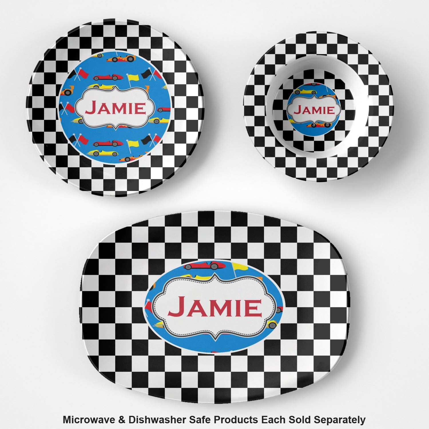 Personalized Checkers & Racecars Plastic Bowl - Microwave Safe - Composite Polymer