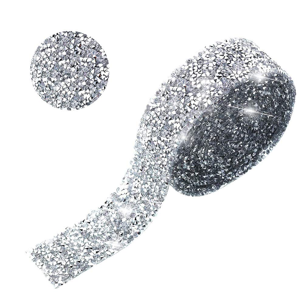 3.2 Yard Bling Crystal Rhinestone Ribbon DIY Self-Adhesive Sparkling Rhinestone Ribbon for Wedding Cakes Birthday Crafts Decorations, Silver, 2CM/0.79IN Width