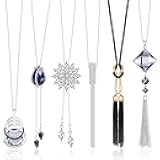 6Pcs Women Long Sweater Necklace Silver Plated Rhinestone Flower Tassel Pendant Neckace Jewelry Women Gifts