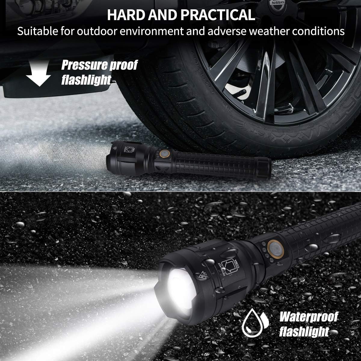 LBE Rechargeable LED Flashlight, 150000 High Lumens Super Bright Powerful Flash Lights, Handheld Large Flashlight Outdoor with 3 Modes, IPX7 Waterproof (Black) - - 