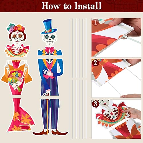 Miniatura 3 de Namalu Paquete de 2 carteles de Día de los Muertos para patio al aire libre, decoraciones de césped con calavera de azúcar con estacas para fiesta