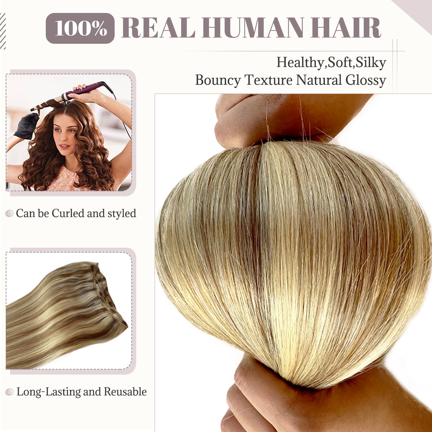 Weft Hair Extensions Balayage Blonde Human Hair Ombre Chestnut Brown Highlights Platinum Blonde Extensions for Women Double Weft Sew In Bundles 22 Inch 120 Gram for Adding Lenght and Volume