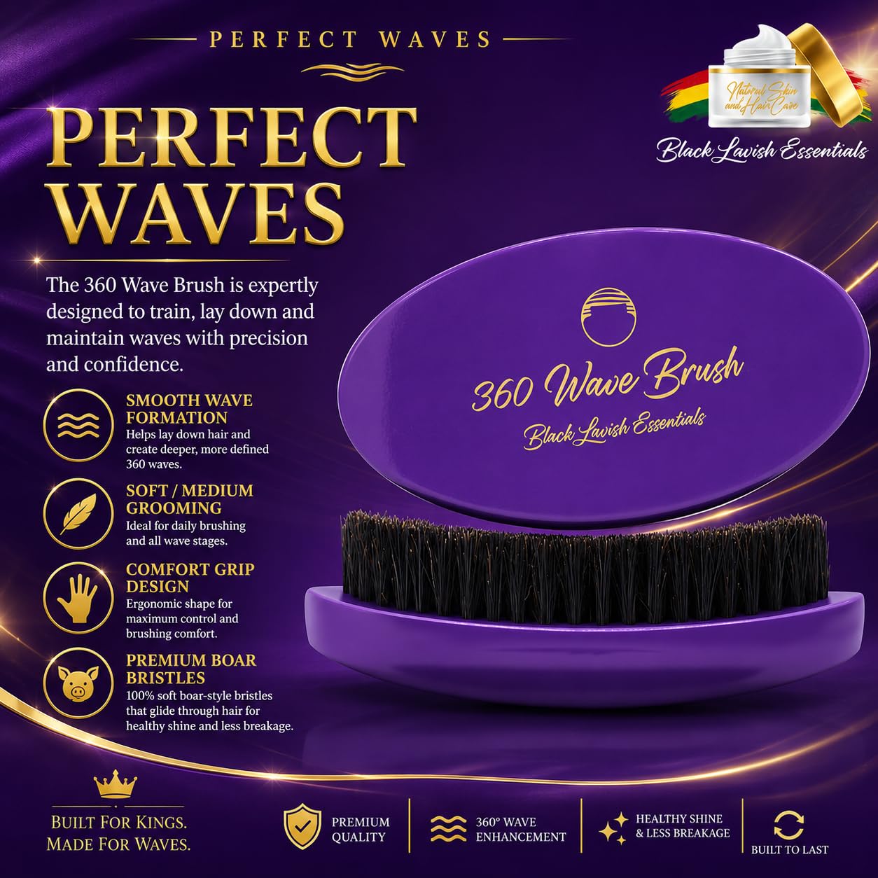 Cepillo de ondas 360, crea ondas más profundas, cerdas de jabalí suaves y duras, cerdas curvas negras LAVISH ESSENTIALS (morado, cepillo de dureza media)