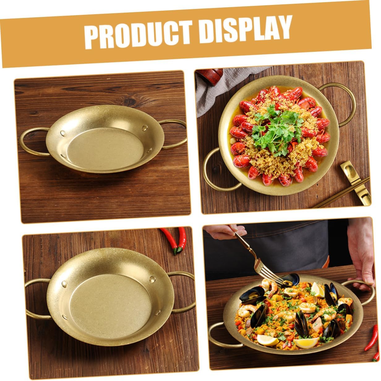 Stainless Steel Paella Pan 20.5cm Retro Gold Double Handle Spanish Seafood Rice Pan for Home and Restaurant Cooking