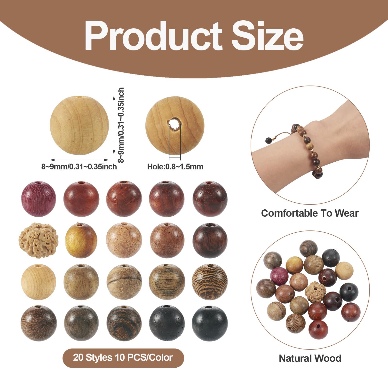 800 cuentas sueltas de madera ovalada natural, 4 colores, cuentas espaciadoras de tubo de madera para joyería, manualidades, collares, pulseras, pendientes, agujero: 3 mm [20 estilos, 8-9 mm]
