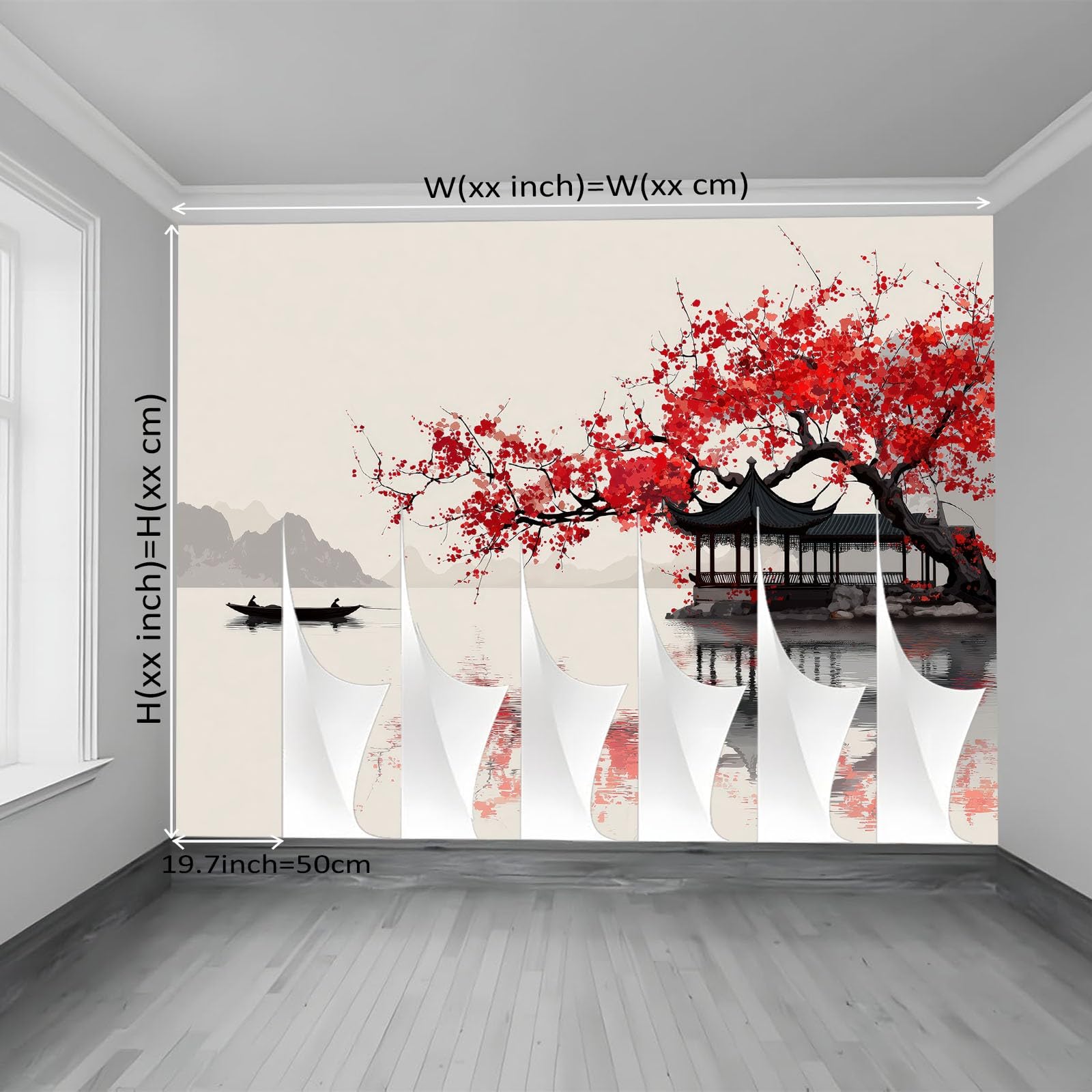 Vlies Fototapete Landschaft 350 x 256 cm, Creme Fototapeten für Wohnzimmer Schlafzimmer - Vliestapete Wandtapete Tapete 3D Effekt - Chinesischer Stil Blumen Seen Pavillons