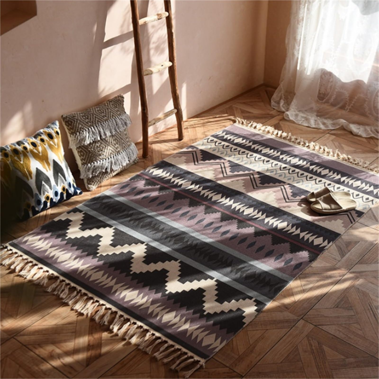 Tappeto da bagno in cotone con nappe marocchine, tappeto per ingresso, zerbino per interni e decorazione della casa, 120 x 170 cm
