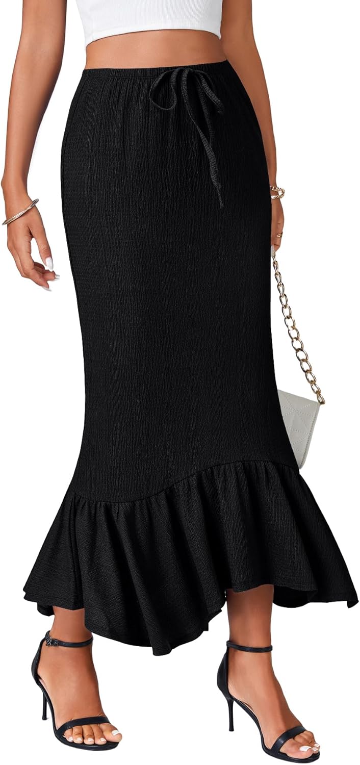 Rooscier Women's Mermaid Skirt Drawstring High Waist Ruffle Elegant Maxi Skirts - Image 4