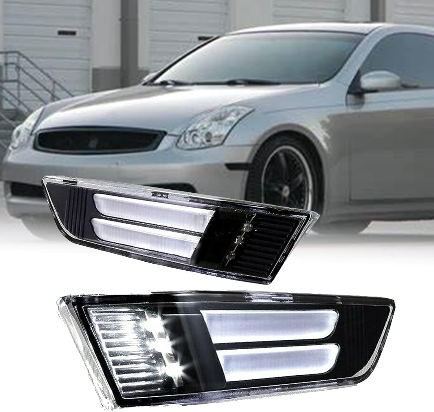 Fits 2003 2004 2005 2006 2007 For INFINITI G35 2 Door Coupe parking turn signal light, Compaire with Smoke Lens White LED Front Bumper Side Marker Parking Light Pair