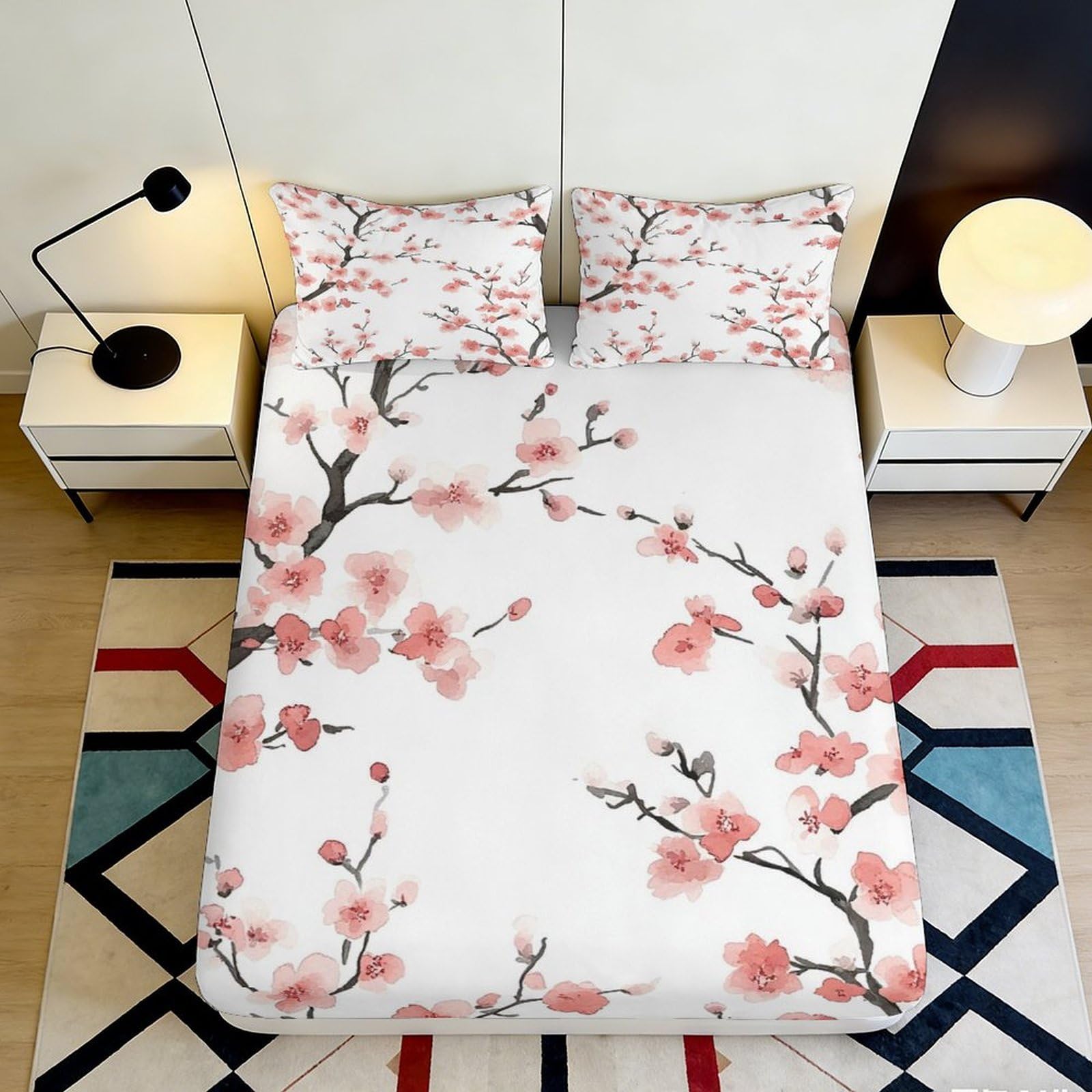 3D Printed Cherry Blossom Fitted Sheet, Soft Touch Microfiber Bed Cover, Wrinkle Resistant, Home Decor, Guest Room Bedding, Easy Care, Dustproof, White Pink 90x200x25cm