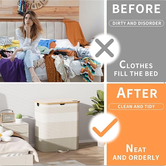 XLHOMO 160L Double Laundry Hamper with Lid, Dirty Clothes Hamper with 2 Removable Bags, Beige Laundry Hamper 2 section with Bamboo Handles Easy to Carry for Bedroom, Bathroom, Dorm, College