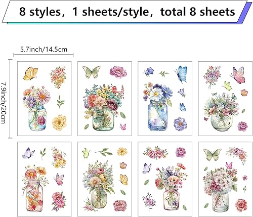 Miniatura 2 de CRASPIRE 8 hojas de calcomanías de flores para ventana, florero, plantas en maceta, PVC, autoadhesivas, para decoración de pared, para dormitorio,