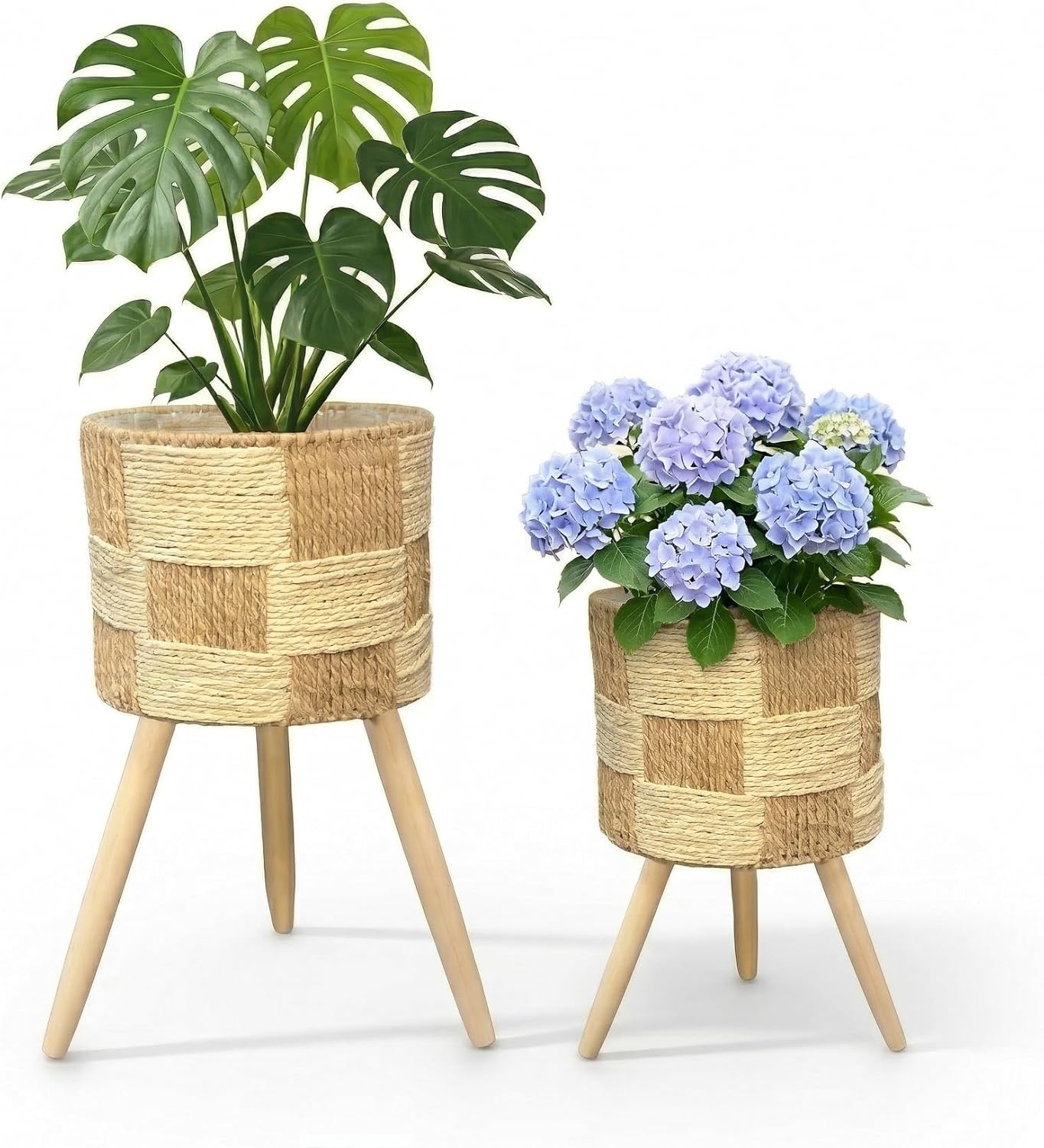 Set of 2 Boho Woven Plant Stands for Indoor Plants – Handwoven Rattan-Style Planters with Legs, Layered Plant Display, Living Room & Bedroom Décor