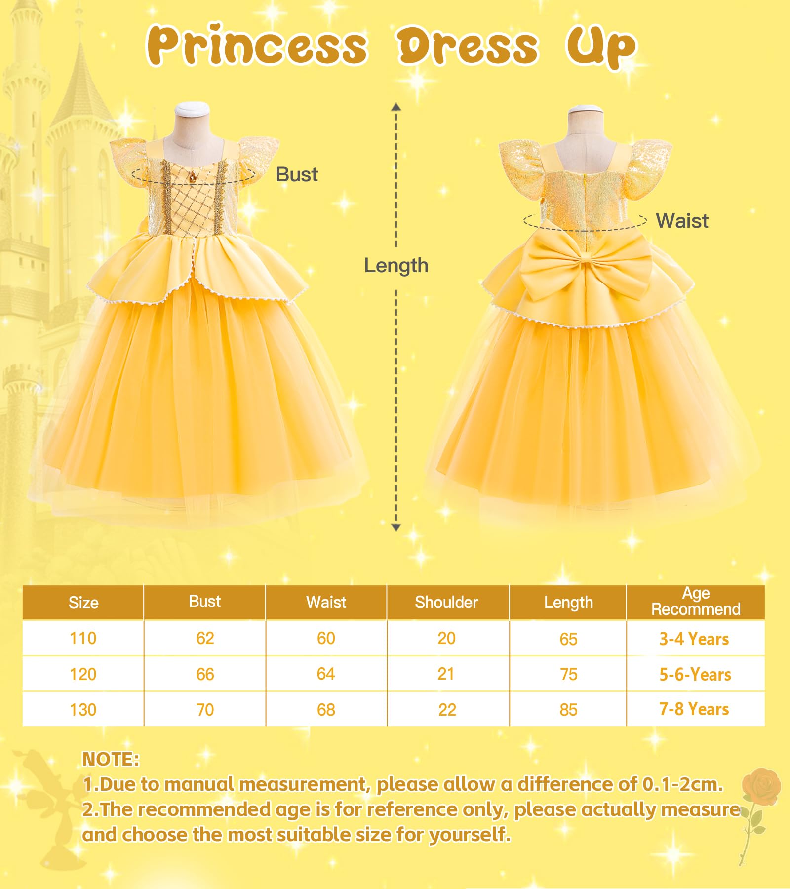Vestito Principessa Bambina, Costume Rosa Bella e la Bestia con Set Corona Principessa, Bella Costume Carnevale per Regalo Bambina, Costume Bella e la Bestia per Compleanno Cosplay