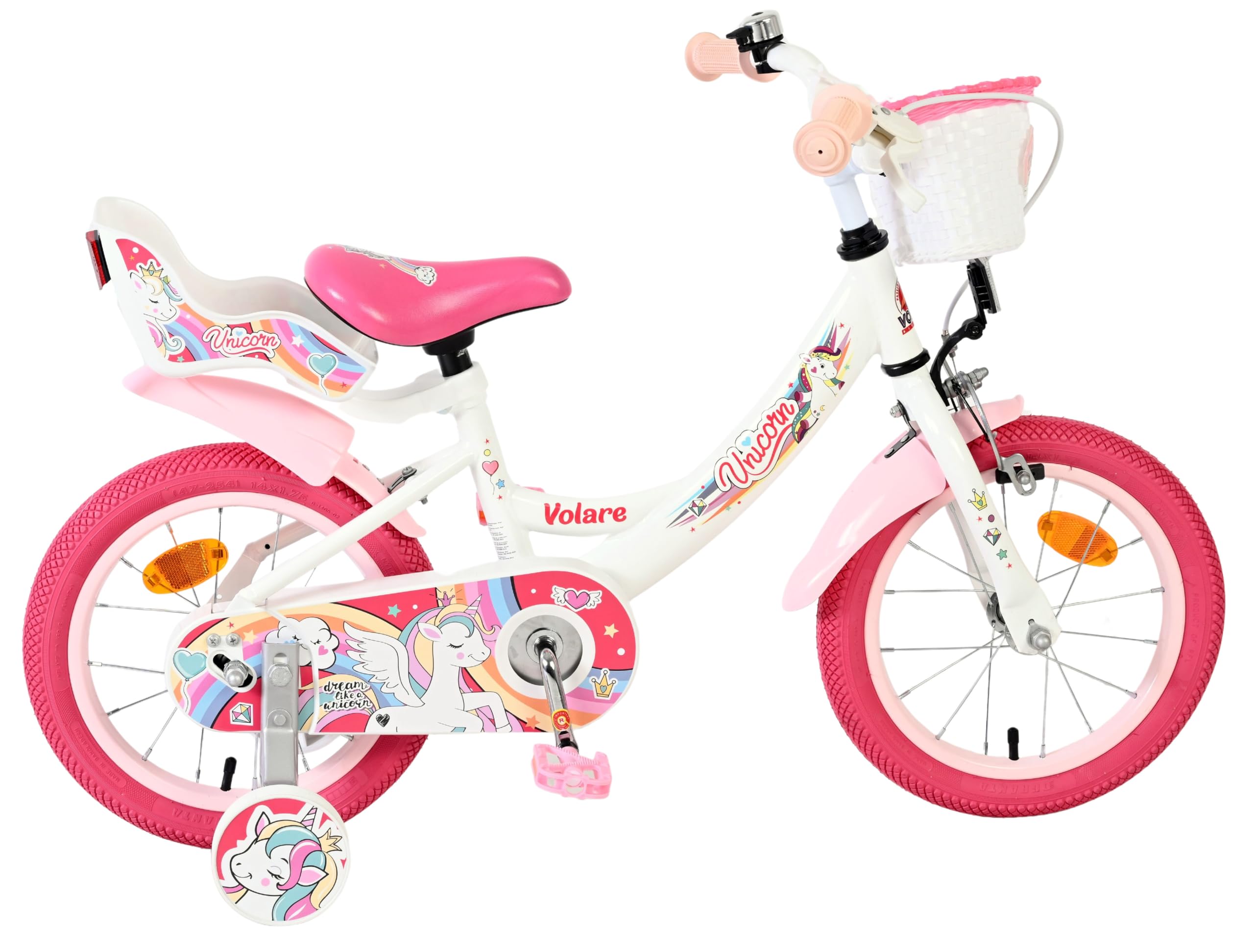 Volare Einhorn Kinderfahrrad Wit | 3,5–5 Jahre | 14-Zoll-Räder | 2 Handbremsen | Stützräder | Verstellbarer Sattel | Puppensitz Achter & Korb voor | Geschenk voor meisjes