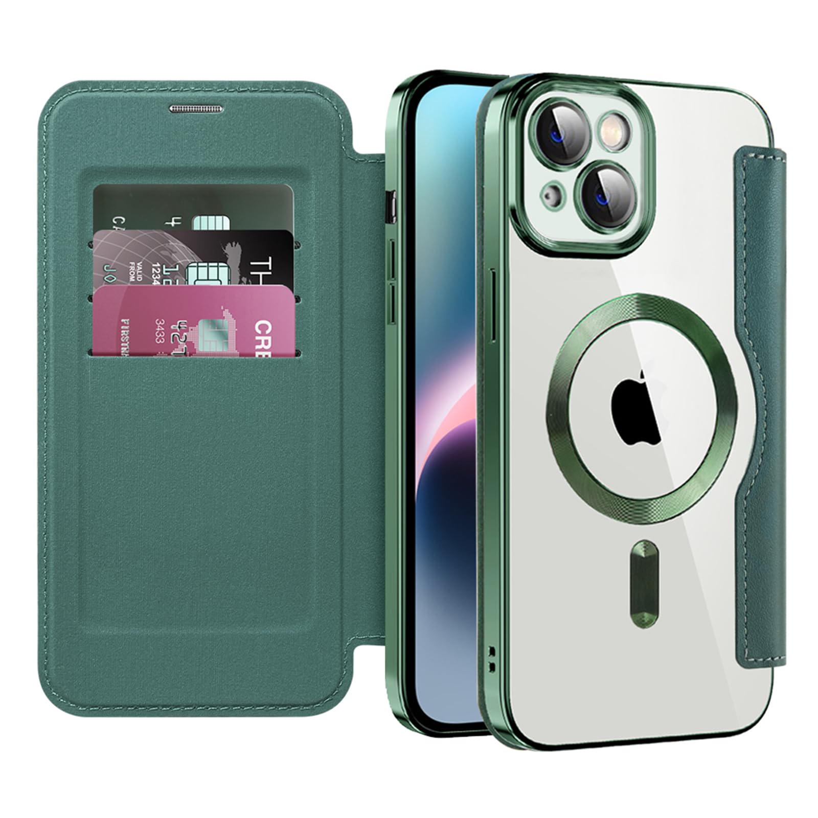 IMEIKONST Cover Magnetica per iPhone 14 con Slot per Carte, [Compatibile con MagSafe] [Blocco RFID] Custodia Portafoglio Flip Antiurto Trasparente Case per iPhone 14. Verde JDCX