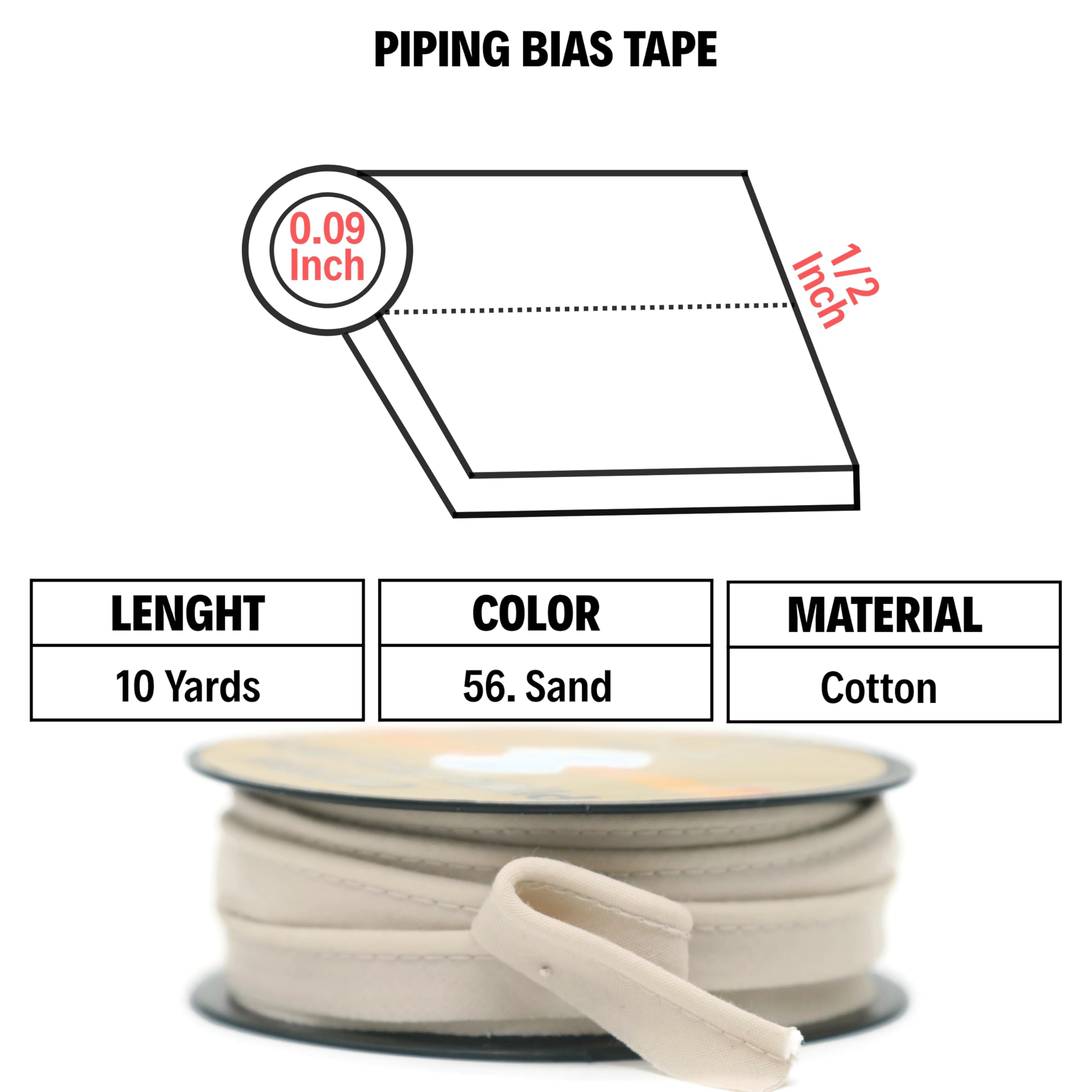 Piping Trim Bias Tape with Cord - 10 Yards - 65+ Colors - 1/2 Inch Decorative Sewing Trim for Upholstery Cushions Home Décor Crafting Clothing - Durable Cotton - Sand ID56