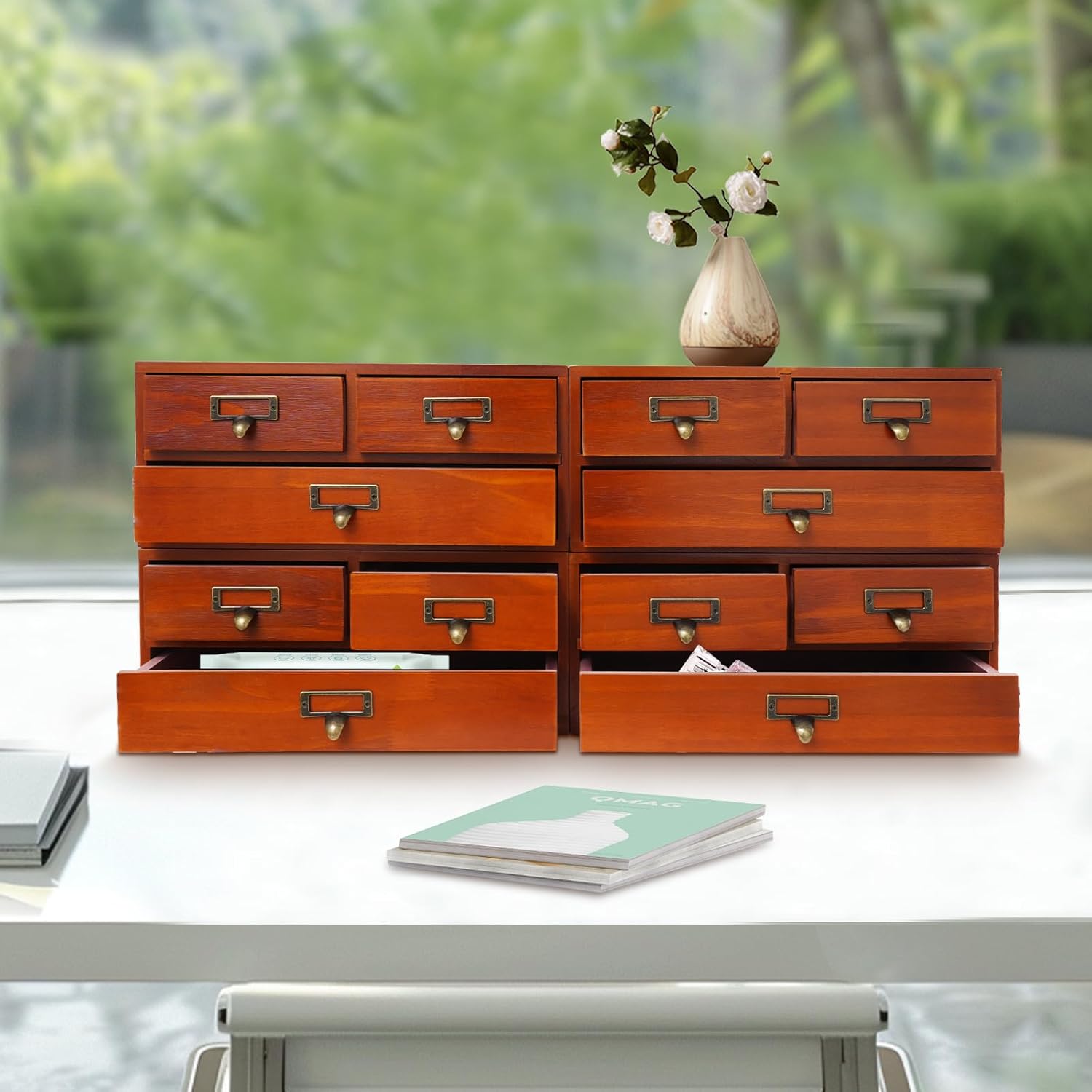 4-Pack Wooden Storage Box with 3 Drawers, Vintage Desktop Organizer Apothecary Cabinet Stackable Drawers with Label Holders for Herb Storage, Tea Collection, Stationery