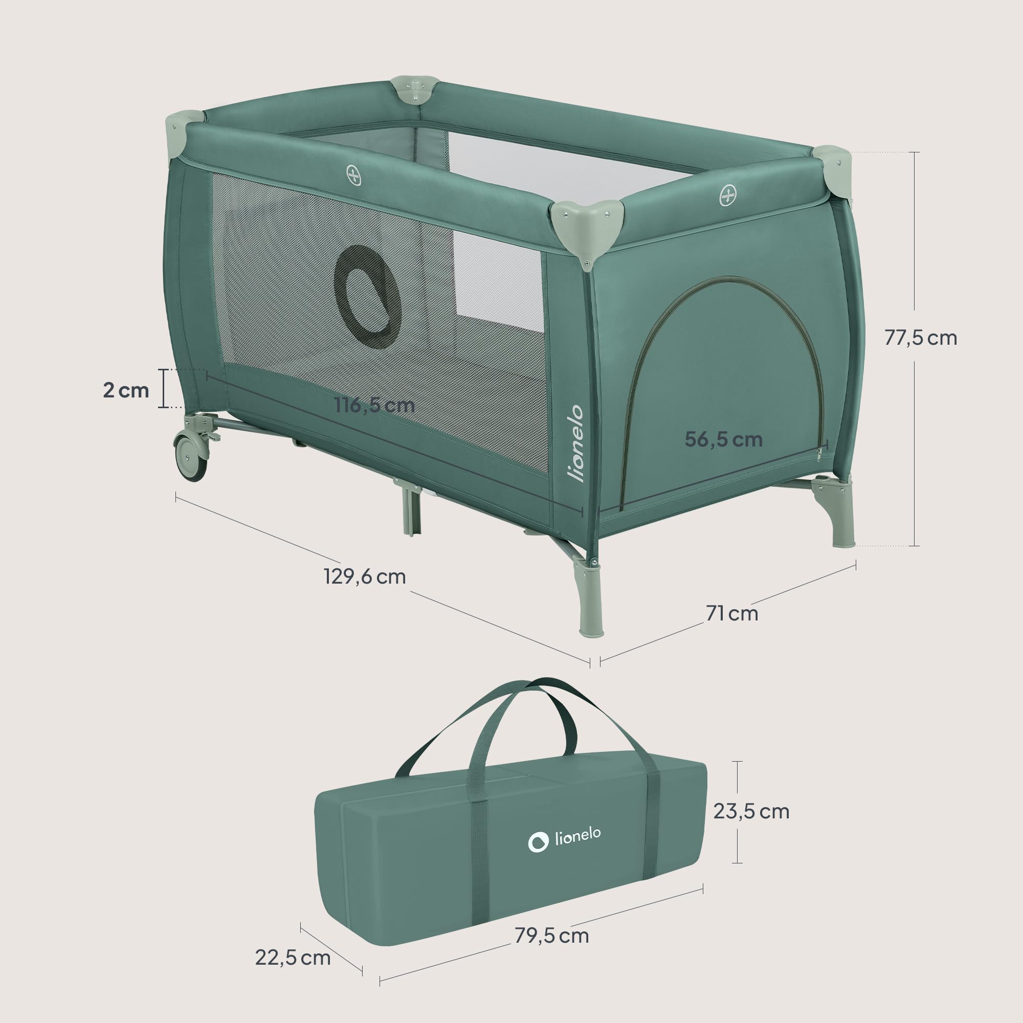 lionelo Stefi lit Bebe Bebe jusqu'à 15 kg, entrée latérale, Dispositif de Protection Contre Le Pliage accidentel LockGuard, système de Pliage Rapide, Sac de Transport (Grey) (Green)