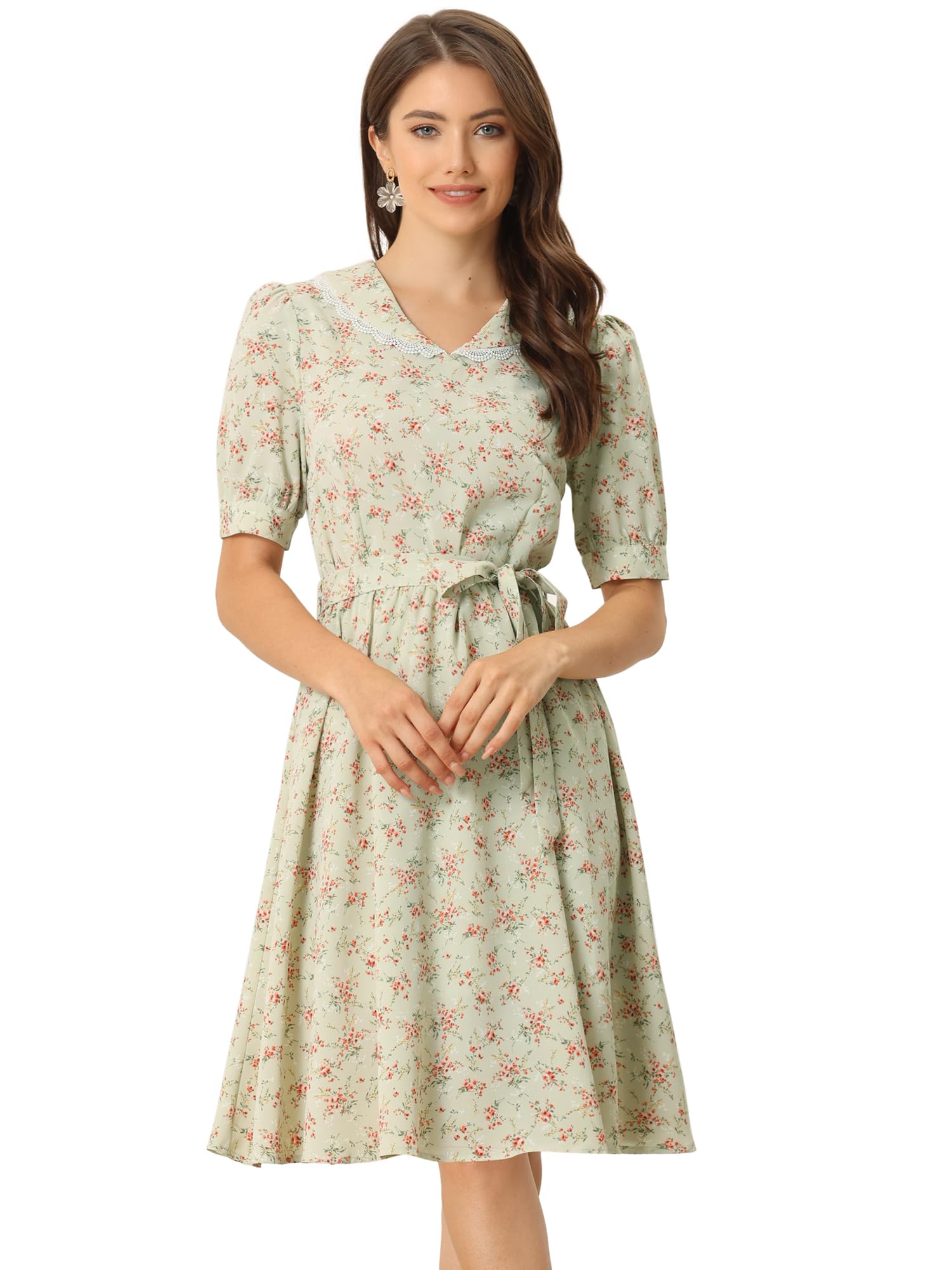 Allegra K Womens Vintage Peter Pan Collar Flowy Midi Floral Dress
