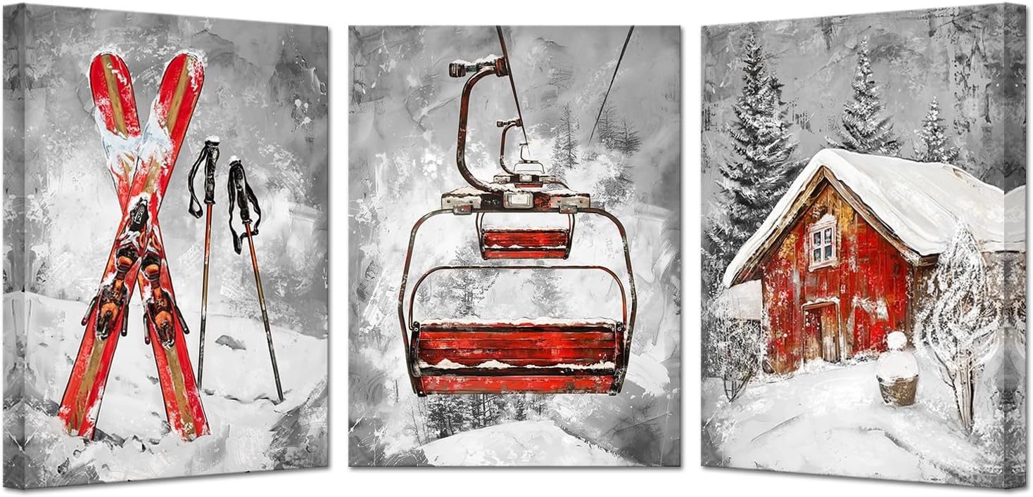 KREATIVE ARTS 3-Piece Ski Lift Canvas Wall Art, Blak and White Snowy Mountain Landscape with Red Barn, Winter Ski Resort Painting Ready to Hang, 12x16'' Each