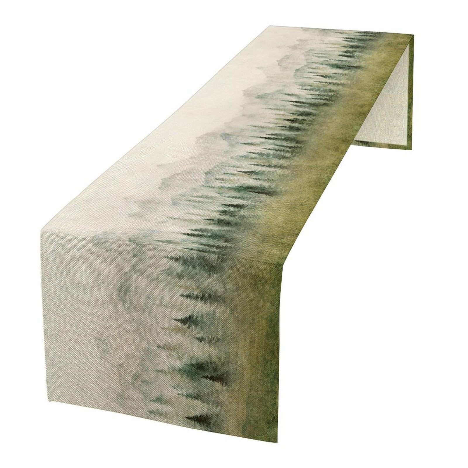Watercolor Forest Table Runner,Watercolor Woodland Forest Mountains Rustic Dining Table Ruuner Home Kitchen Party Living Room Table Decoration 13x90 inch