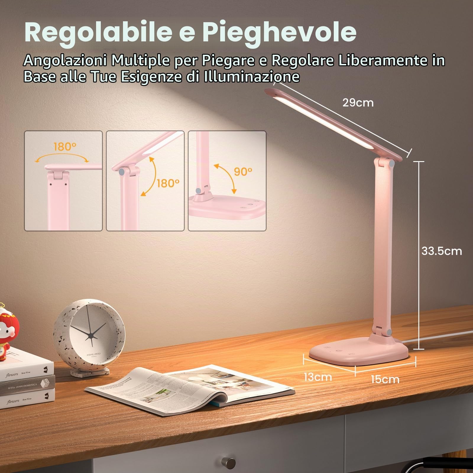 Lampada da Scrivania, Lampada da Tavolo Pieghevole con Batteria Integrata e Spina, 5 Temperature Colore e Regolazione Continua, Timer/Tattile/Memoria, Lampada LED Occhi per Casa e Ufficio, Rosa