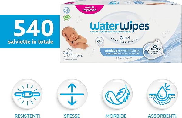 WaterWipes Sensitive+ Newborn & Baby Wipes, Salviettine per Neonati e Bambini, 540 Pezzi (9 Confezioni), Deterge, Cura, Protegge, 99,9% Acqua, Senza Profumo - 2
