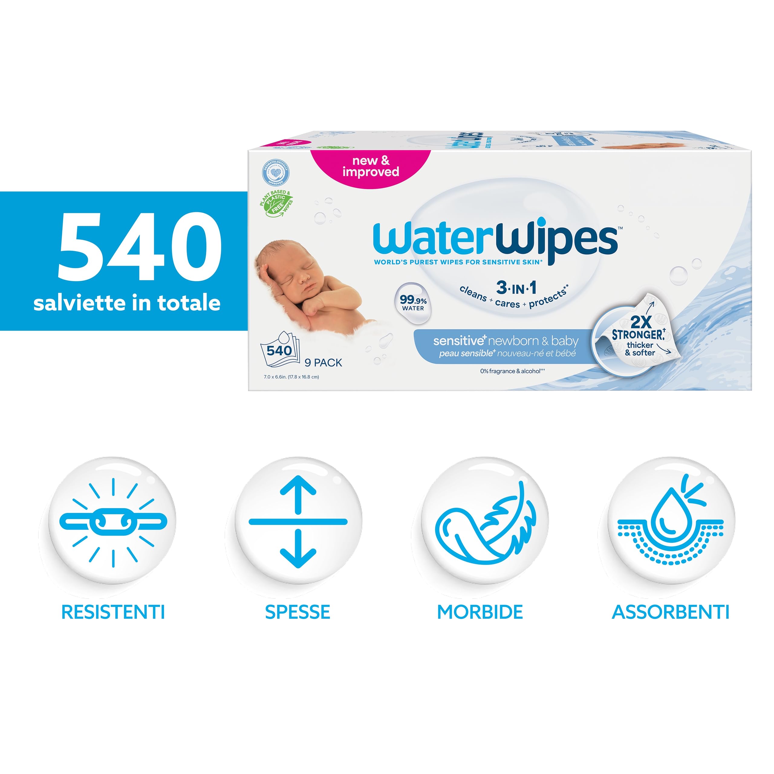 WaterWipes Sensitive+ Newborn & Baby Wipes, 540 Pezzi (9 Confezioni), Deterge, Cura, Protegge, 99,9% Acqua, Senza Profumo