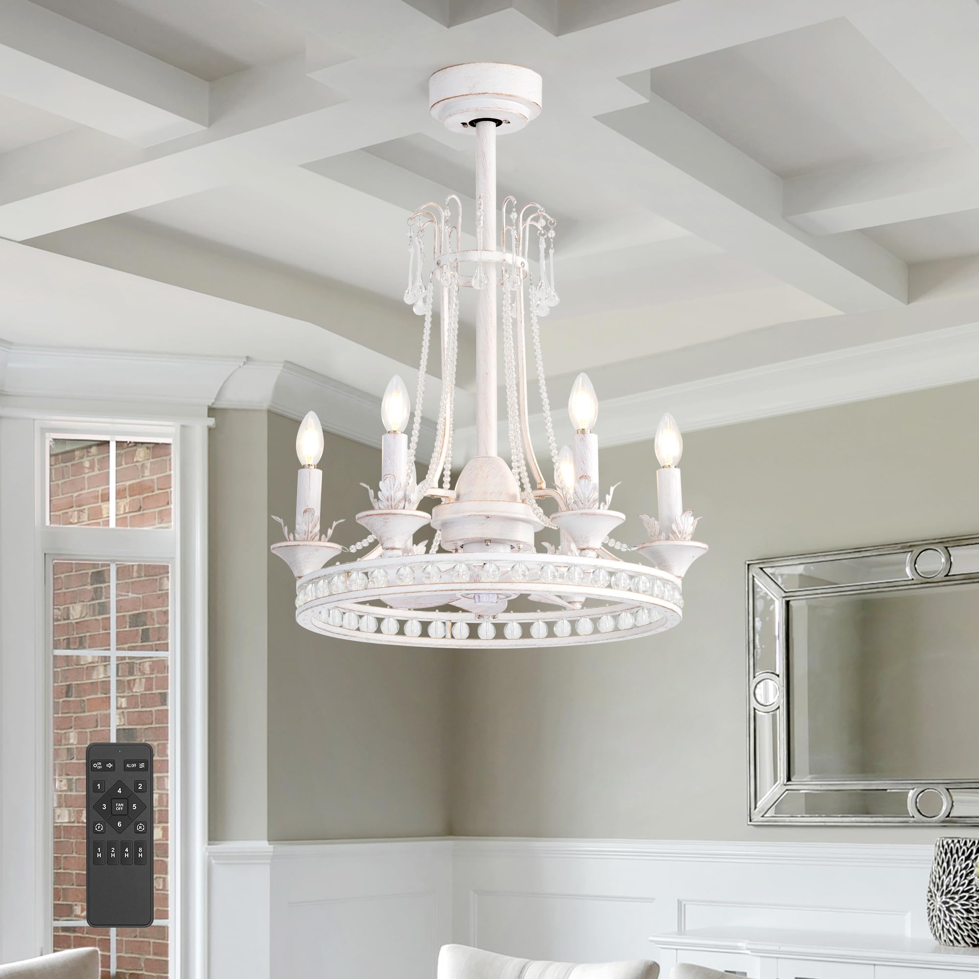 Farmhouse Ceiling Fans with Lights, 22 Inch White Vintage Chandelier Ceiling Fan with Remote, 6 Speeds Reversible Motor, Modern Fandelier for Kitchen Bedroom Dining Room