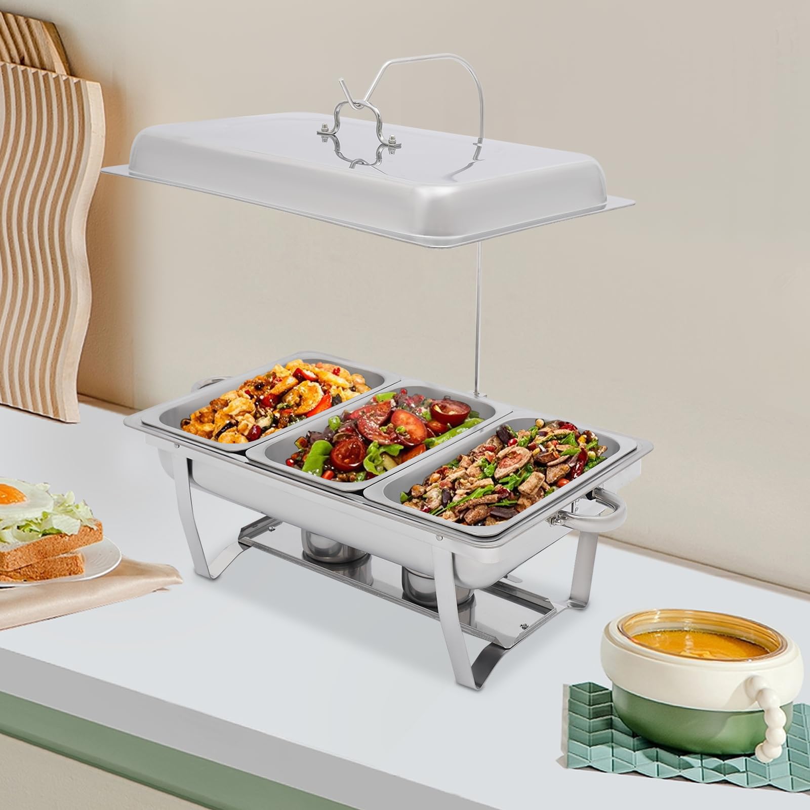 Edelhl - Set di scaldavivande da buffet, 3 pezzi, con coperchi quadrati, in acciaio inox, per catering, con vaschetta per l'acqua, per eventi e feste