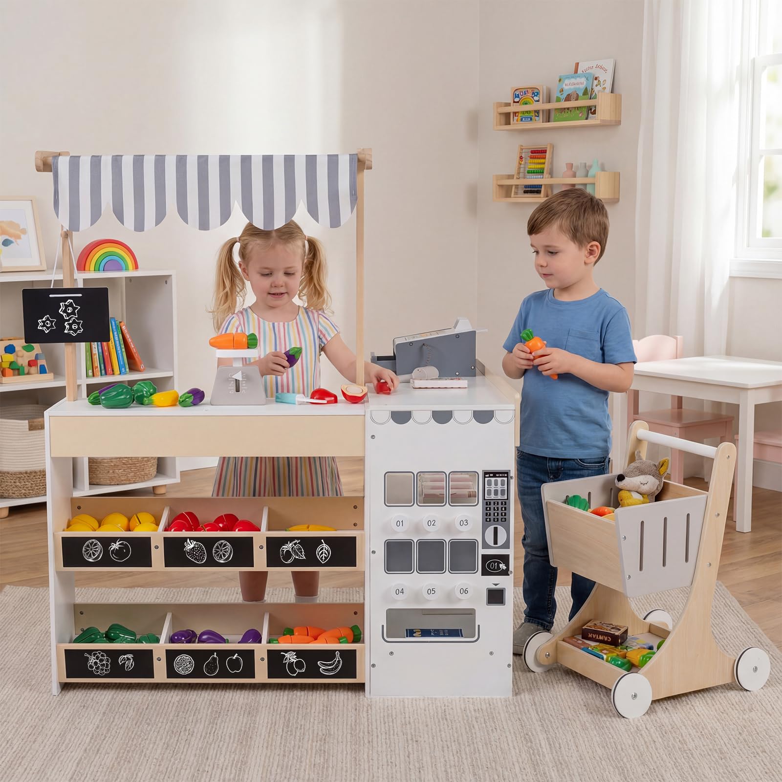 DREAMADE Kaufladen Kinder, Kaufmannsladen Holz mit Einkaufswagen | Einkaufsladen Klein mit Licht & Sound, Interaktives Supermarkt mit Kasse, Obst, Gemüse, Tafeln, Marktstand für Kinder ab 3 J