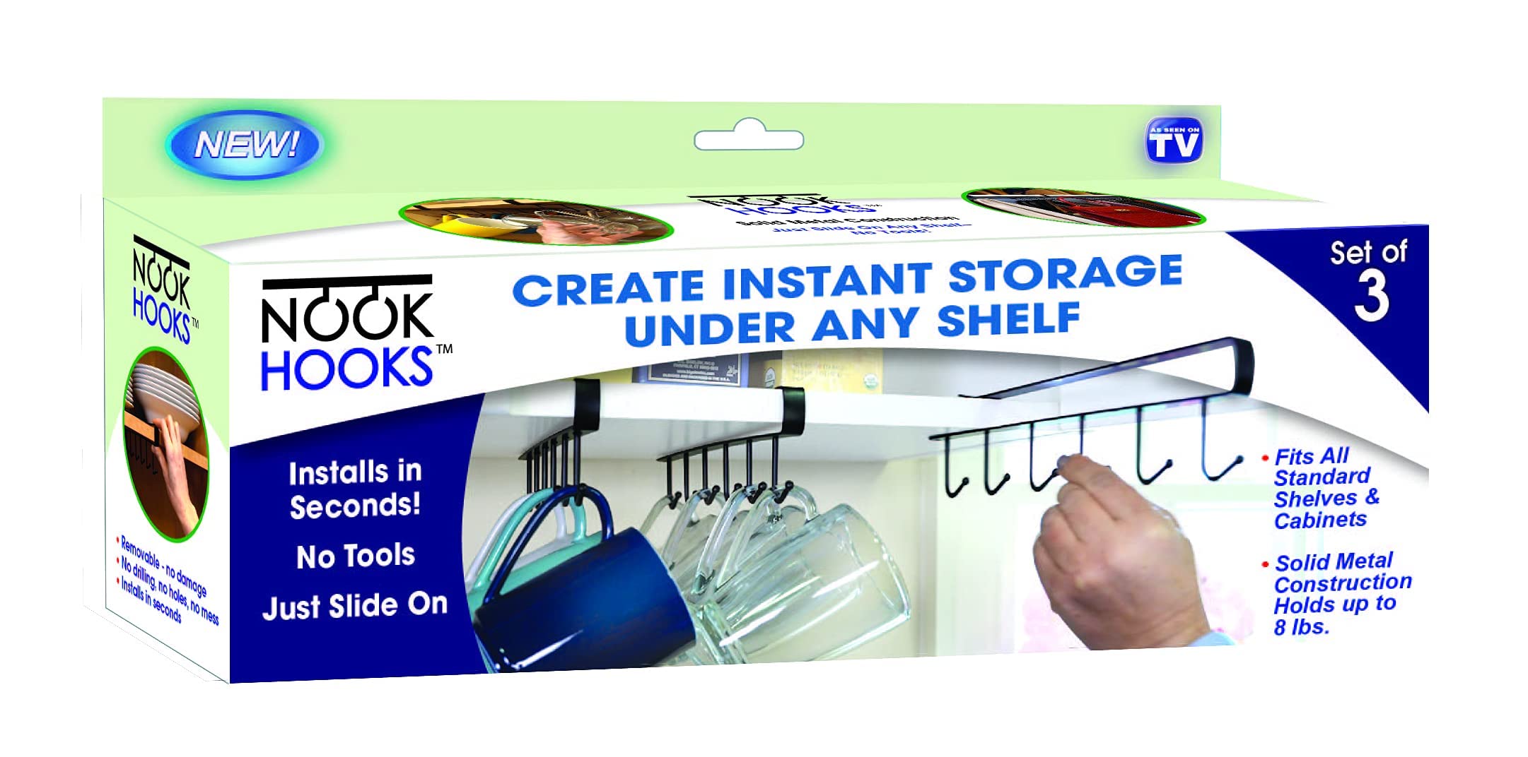 SPARK INNOVATORS Nook Hooks - 3 Pack - Under Cabinet Storage Hooks - Create Instant Space Under Any Shelf - Holds Mugs, Utensils, Coffee Cup - No Installation - Steel Construction - As Seen on TV