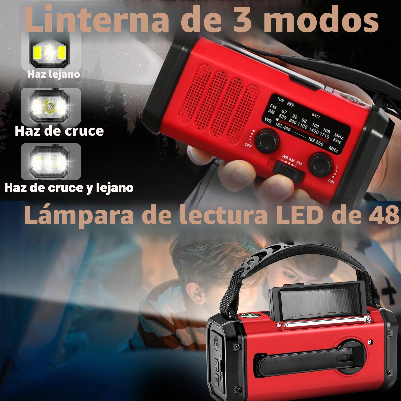 QAUYYW Radio de emergencia de manivela, 37 000 mWh, energía solar, radio meteorológica portátil NOAA AM FM con linterna de 3 modos y linterna de lectura, cargador de teléfono móvil, señal